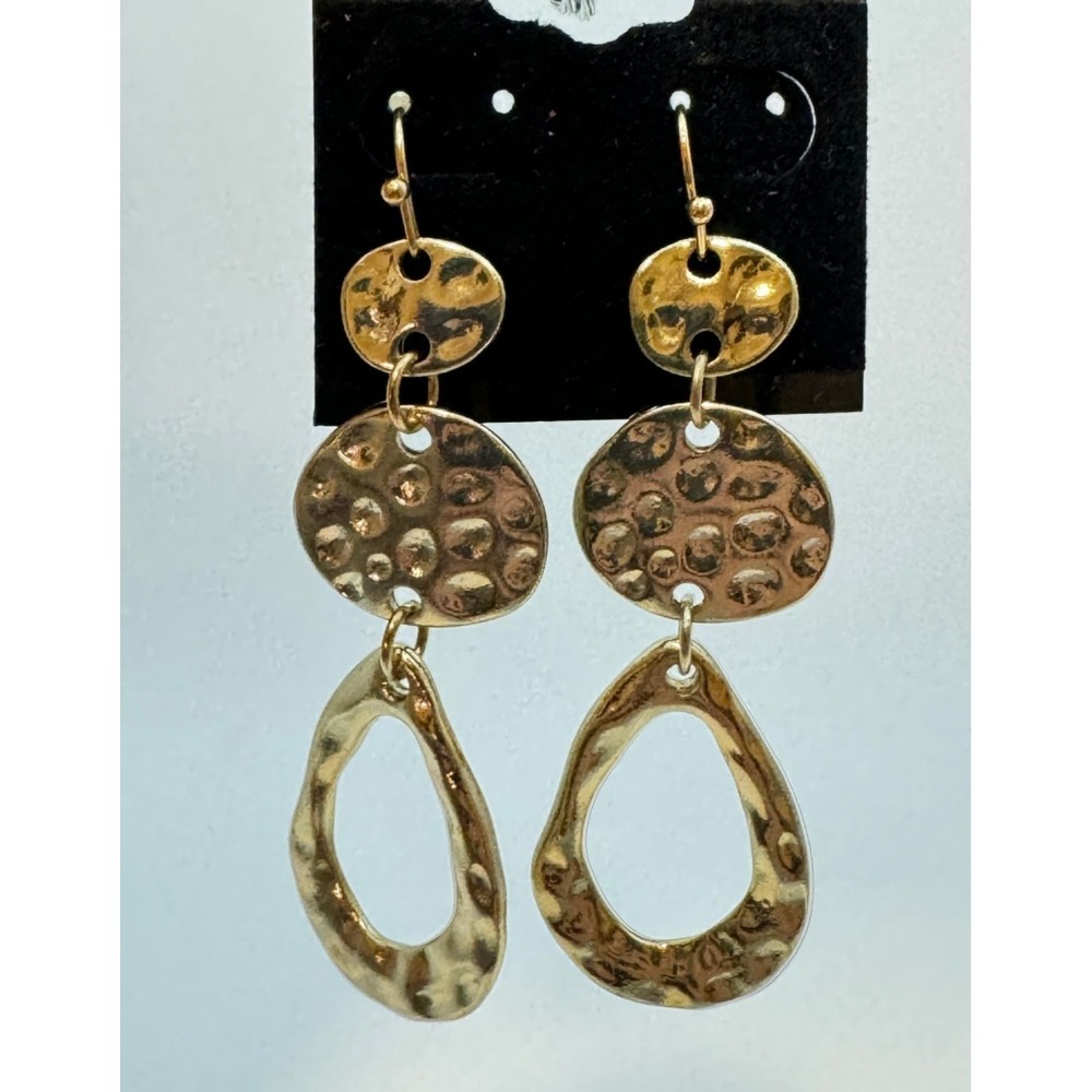Dangle Drop Earings Gold Tone Hammered Lightweight Modernist Organic Abstract